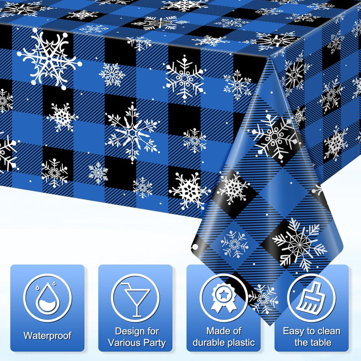 3Pcs Christmas Buffalo Plaid Snowflake Party Tablecloths Decorations,Plastic Black and Navy Blue