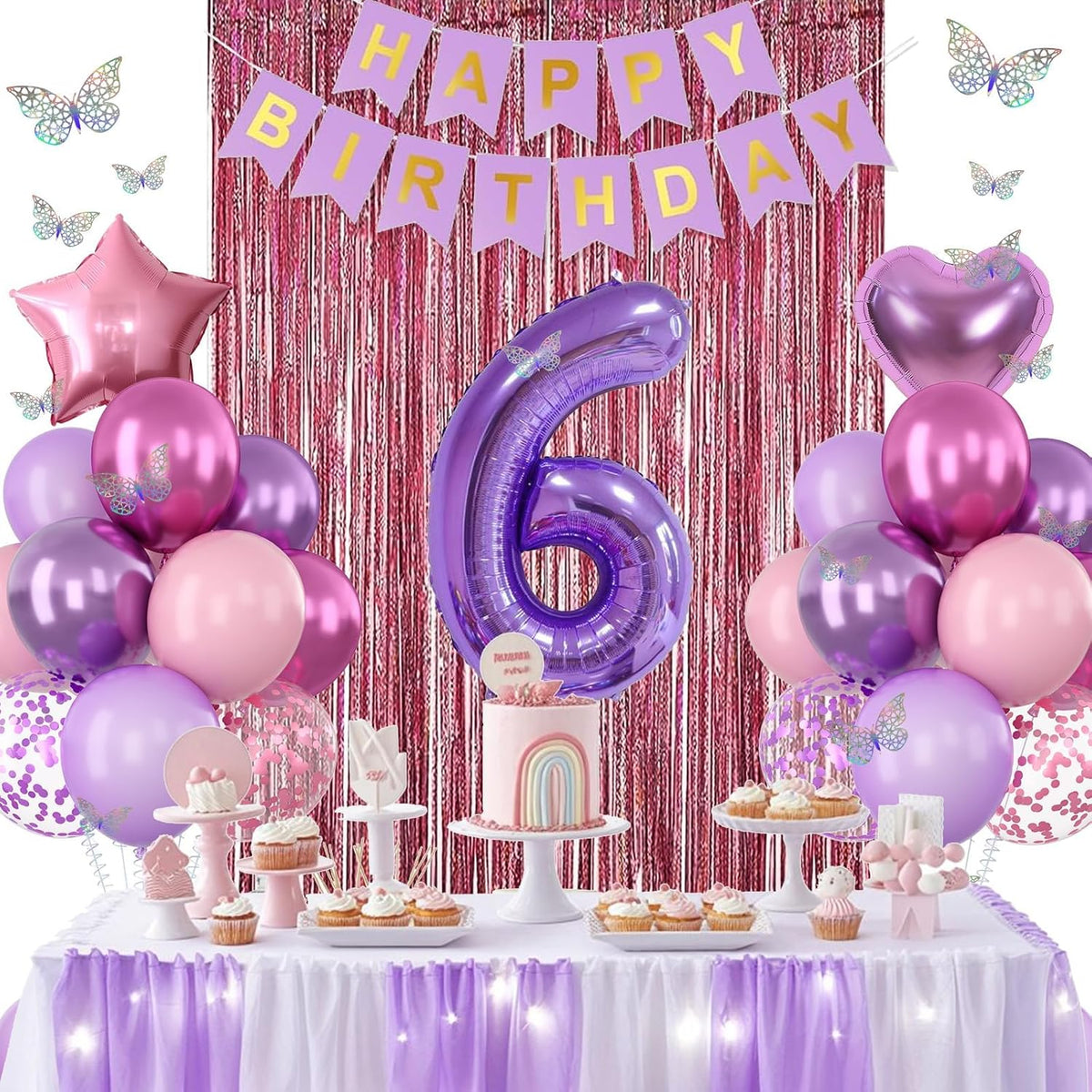 Pink Purple 6th Birthday Party Decorations for Girls Number 6 Balloon Happy Birthday Banner