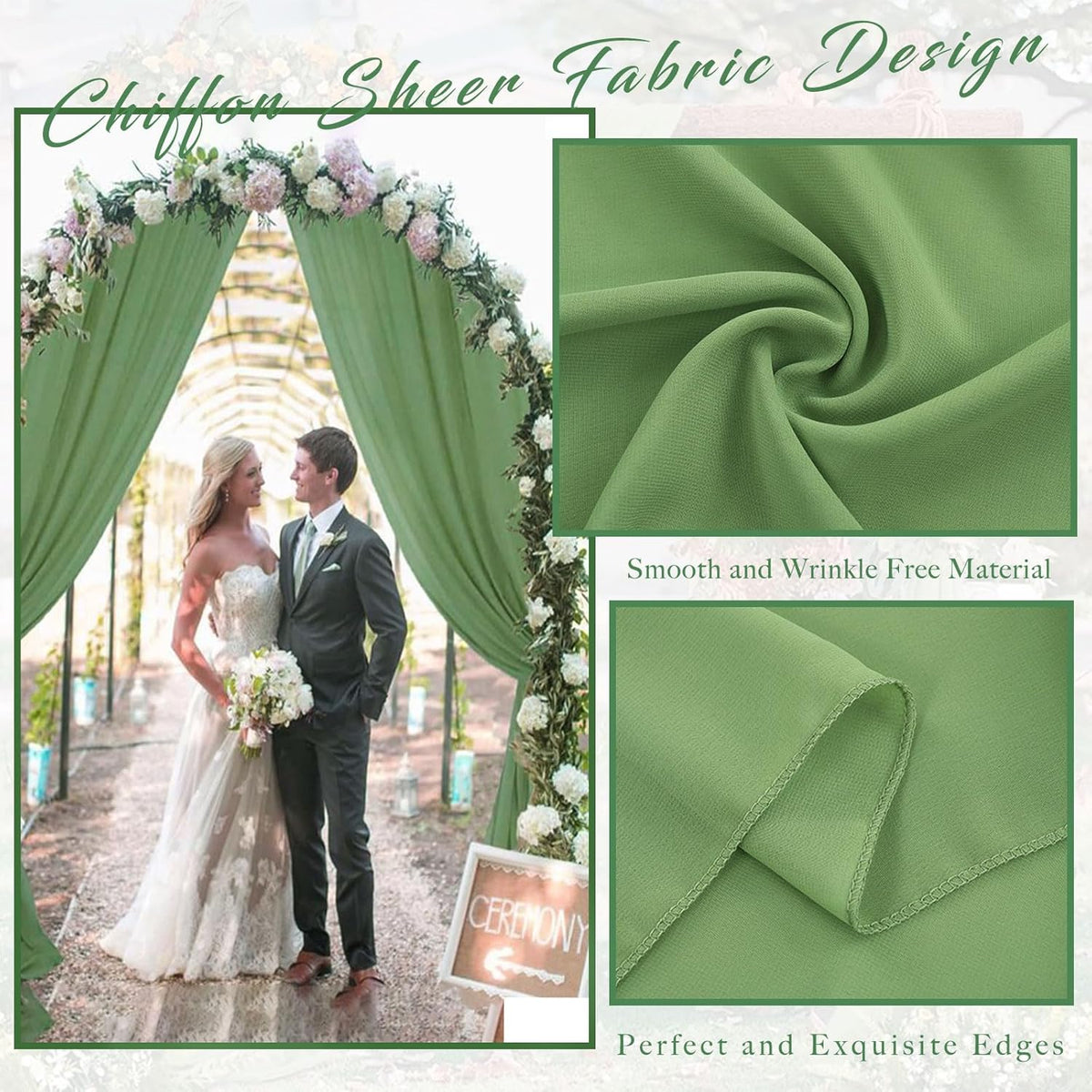 Wedding Arch Draping Fabric 4 Panels 20Ft length x 28" width Sage Green Arch Drapes Chiffon Fabric