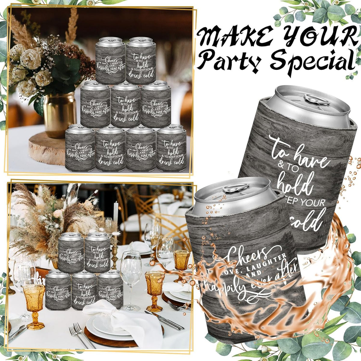 50 Pieces Wood Grain Wedding Can Cooler Sleeves Bulk Engagement Party Favors for Guests Cheers to