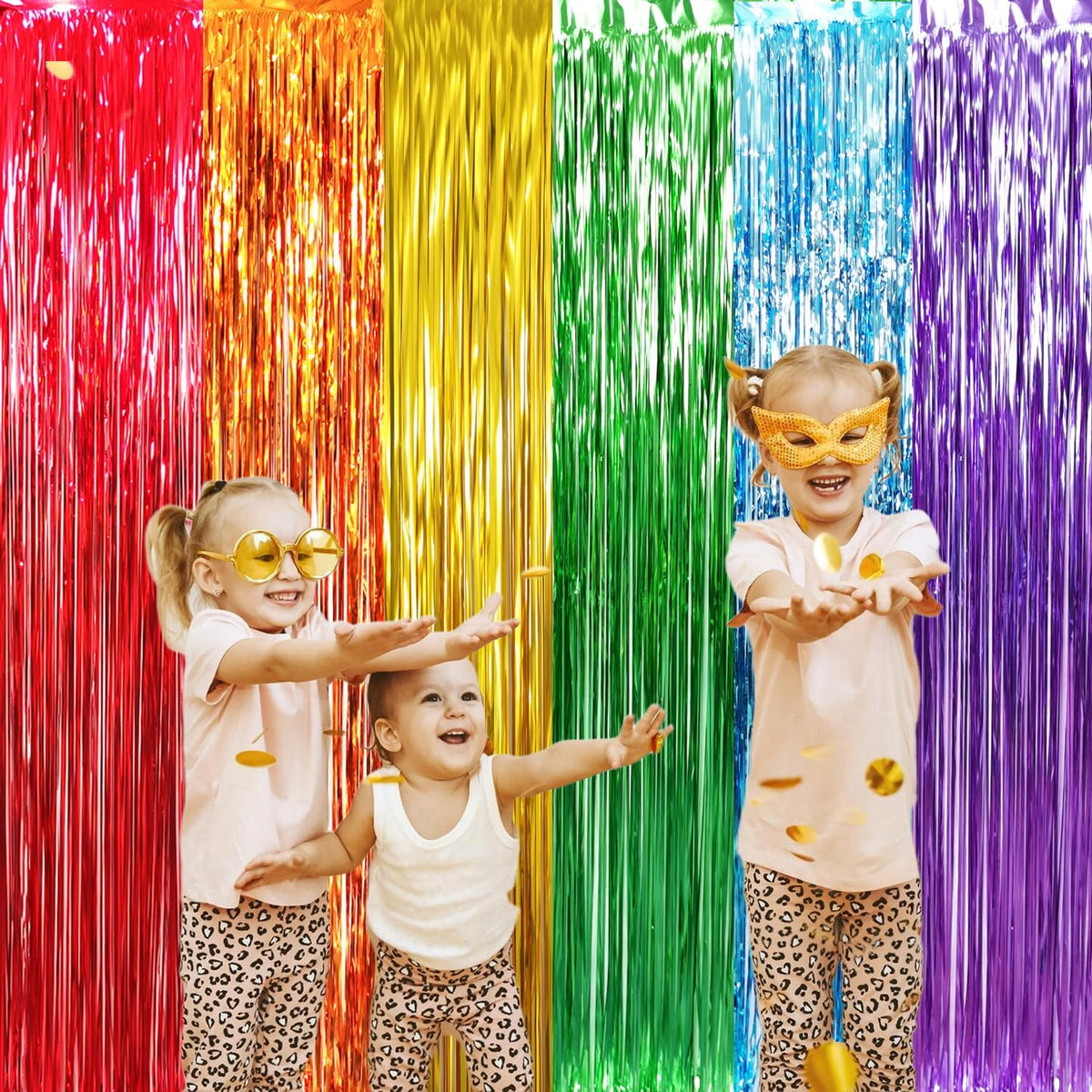 GOER 6.5 ft x 8.2 ft Metallic Tinsel Foil Fringe Curtains,Pack of 2 Party Streamer Backdrop for