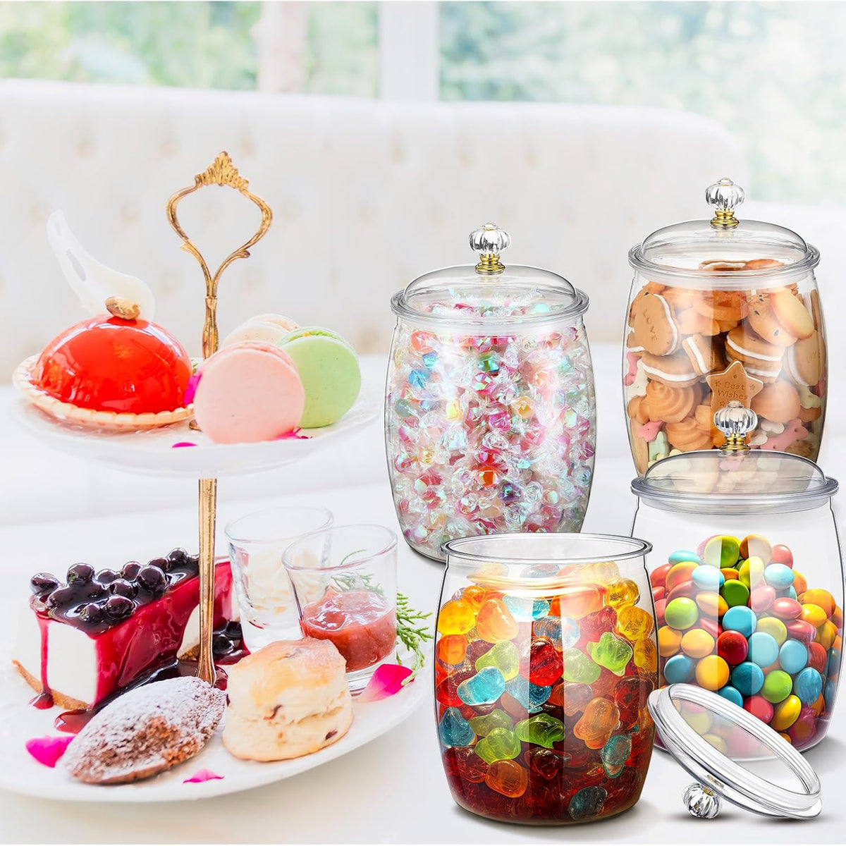 Nuogo 6 Pcs Plastic Candy and Cookie Jar with Lids Decorative Apothecary Jars Candy Buffet