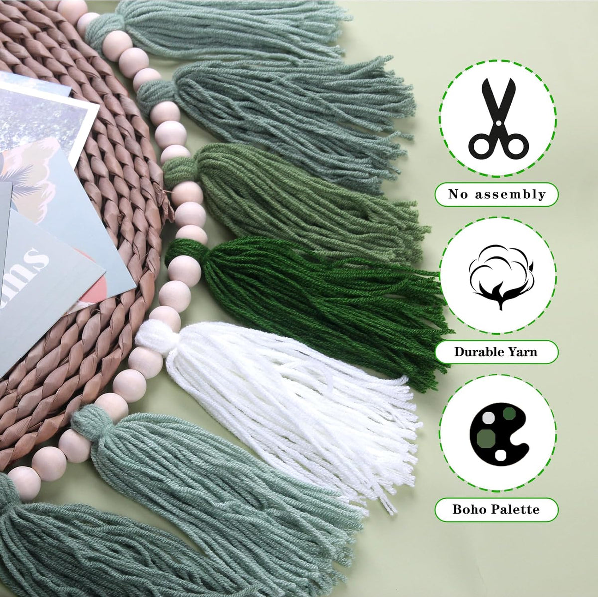 Green Boho Yarn Tassel Garland Sage Green Garland Wall Hanging Decor Forest Woodland Tassel Banner