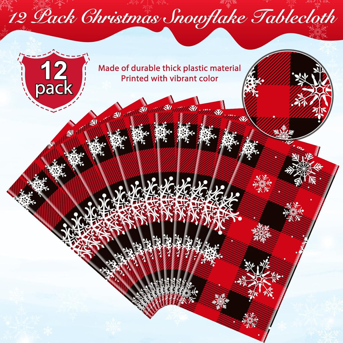 12 Pieces Red and Black Buffalo Plaid Merry Christmas Party Tablecloth Decorations,Plastic White