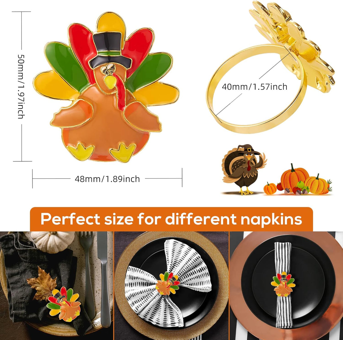 Halatool 8 PCS Thanksgiving Day Turkey Napkin Ring Funny Metal Festival Napkin Holders for Dinner