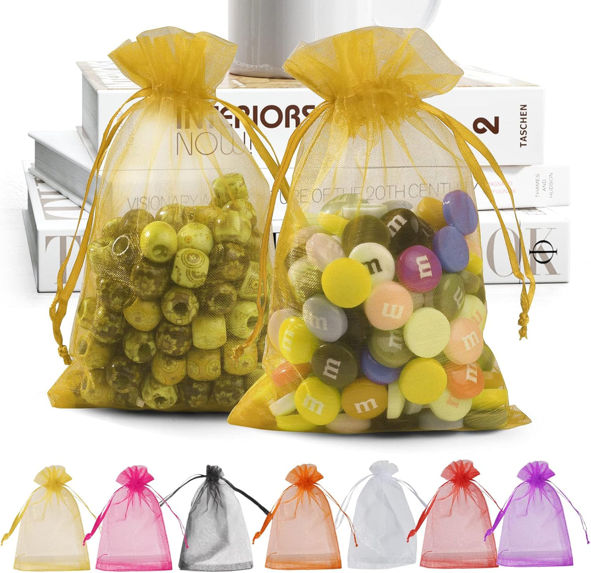 ANZNKU 100 Pack Organza Bags, 4 x 6 inch Small Premium Golden Favor Bags with Drawstring, Sheer