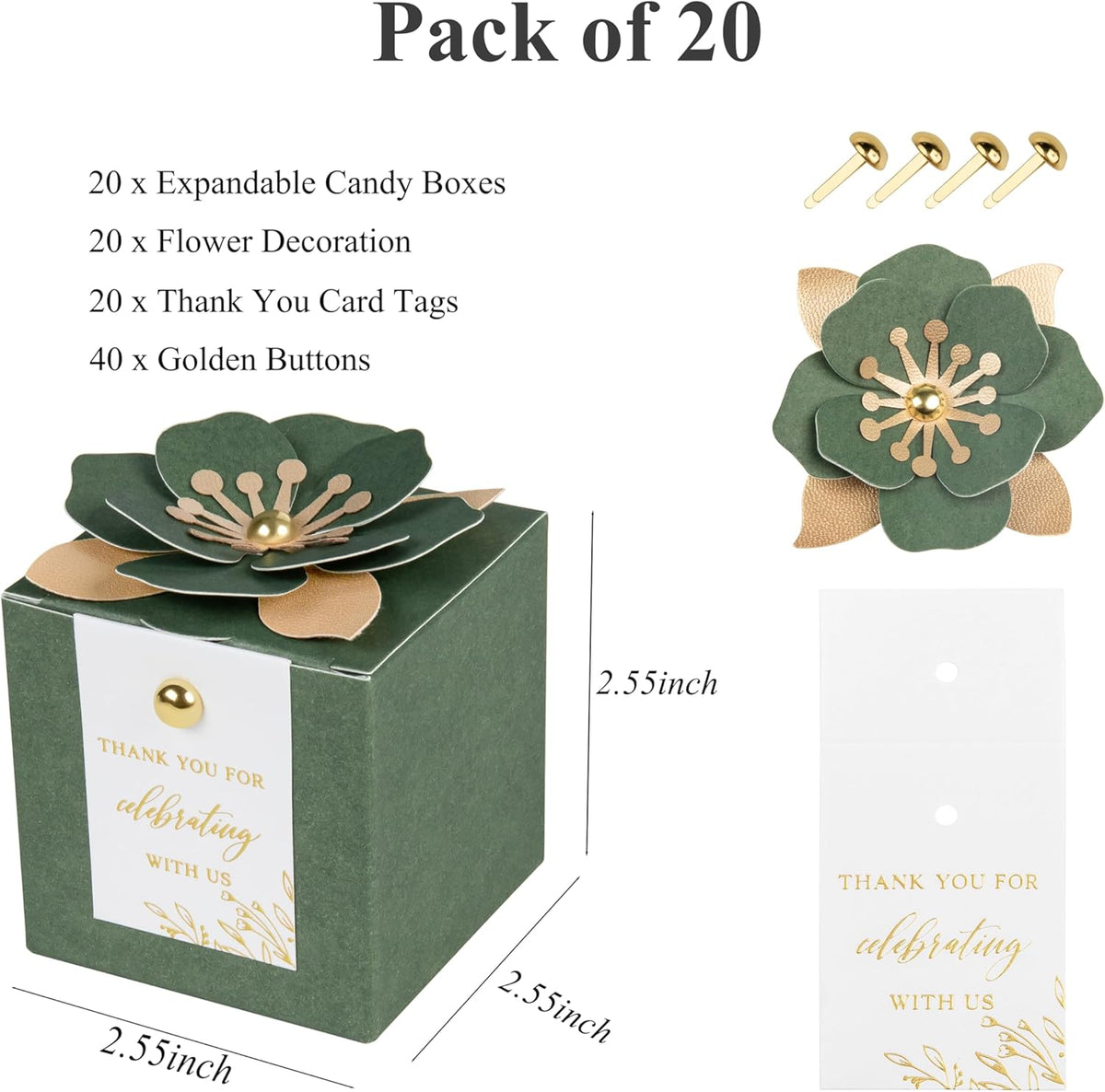 FEIYI 20 PCS Favor Boxes, 3 In 1 Olive Green Candy Boxes with Floral Decor, White Thank You Tags