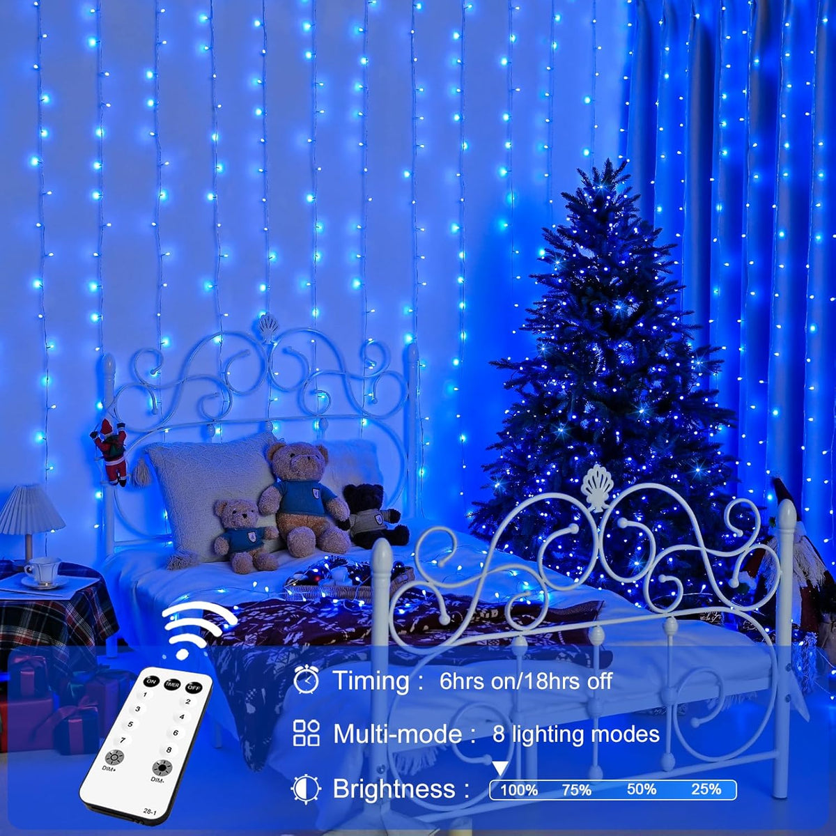 JMEXSUSS 300LED Christmas Curtain Lights, Blue Christmas Lights with Remote, Blue String Lights for
