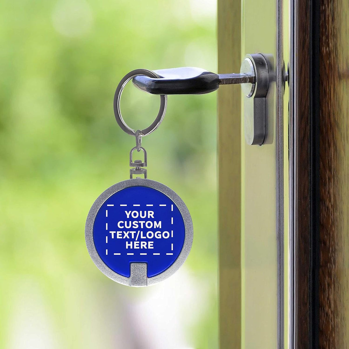 DISCOUNT PROMOS 100 Round LED Keychains - Customizable Text, Logo - Battery included, Plastic - Blue