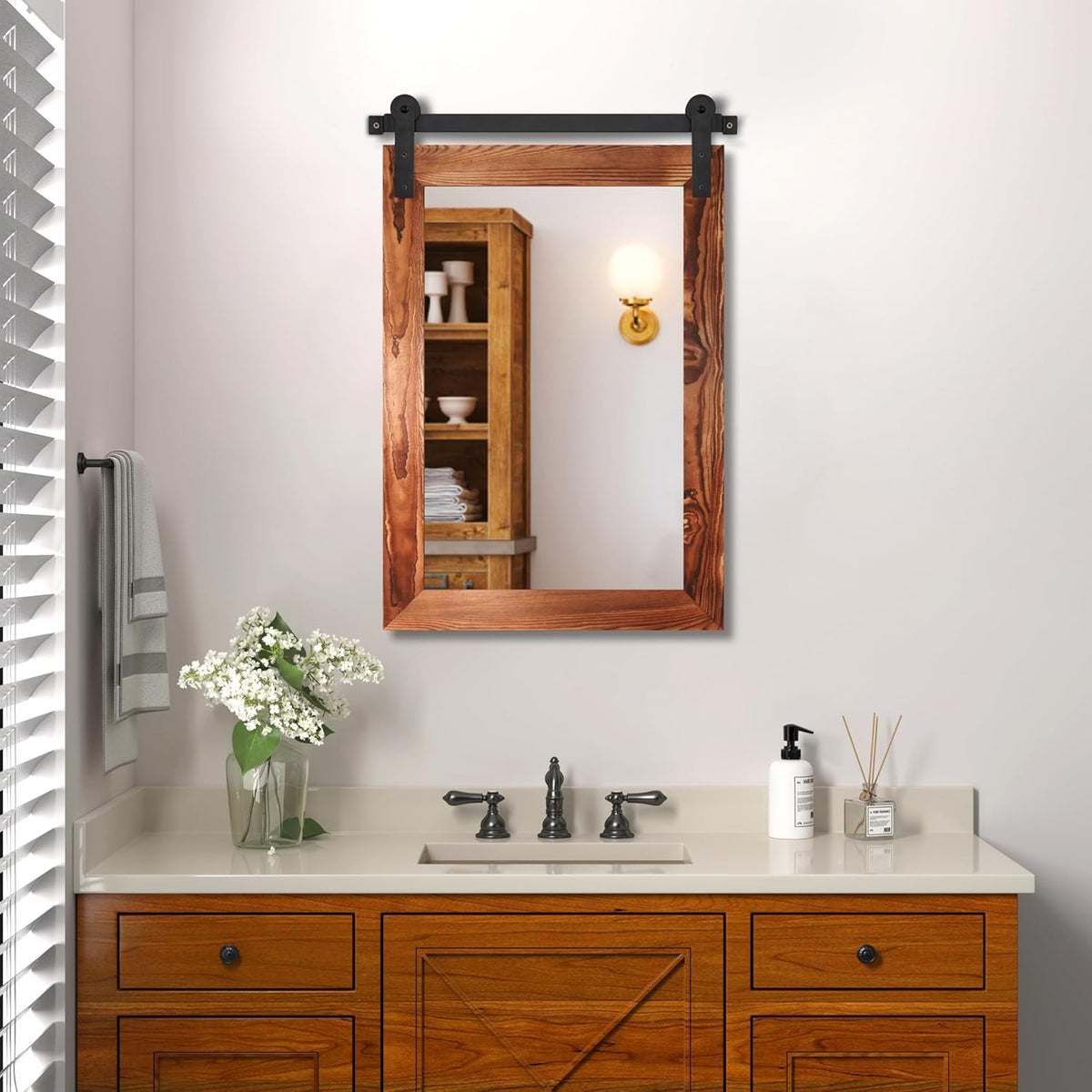 COGOOD Farmhouse Barn Door Wall Mirror - 25" X 38" Rustic Wood Framed Mirror for Bathroom, Living