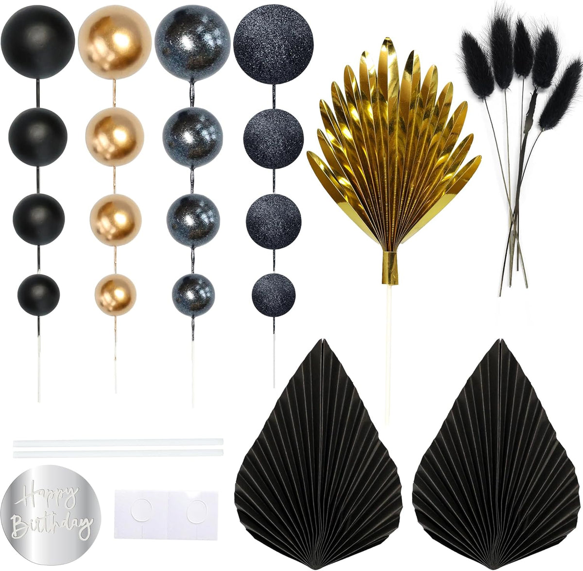 Ephlyn 33 Pack Balls Cake Toppers Boho Palm Leaves Cake Decorations Round Acrylic Happy Birthday