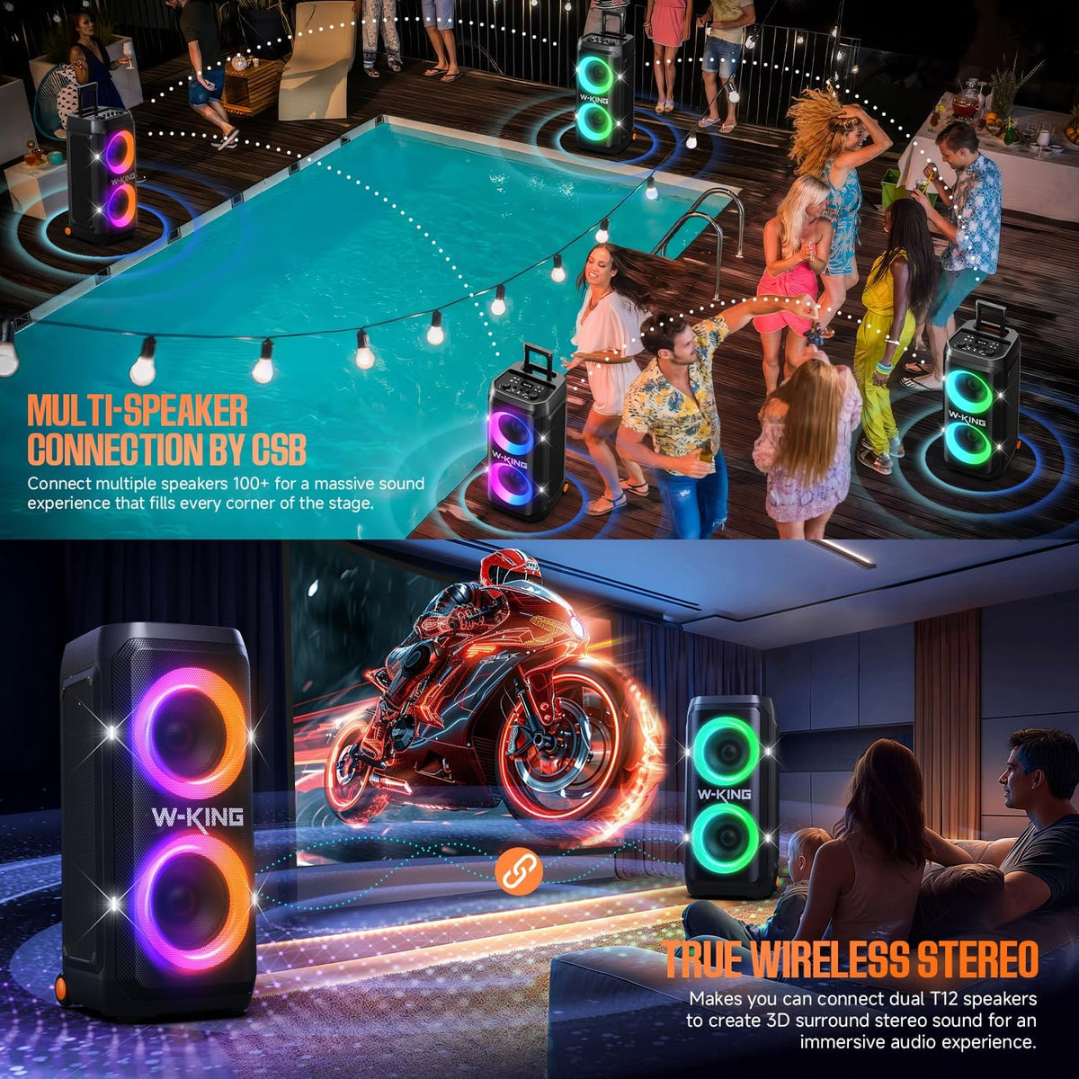 W-KING Portable Speaker Bluetooth Partybox Loud, 370W MAX Pro Sound, Deepest Bass,Large Outdoor