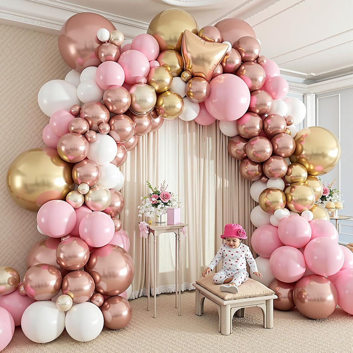 412Pcs Rose Gold Balloon Garland Arch Kit,18 12 10 5 Inch Nude Pastel Pink Metallic Gold White