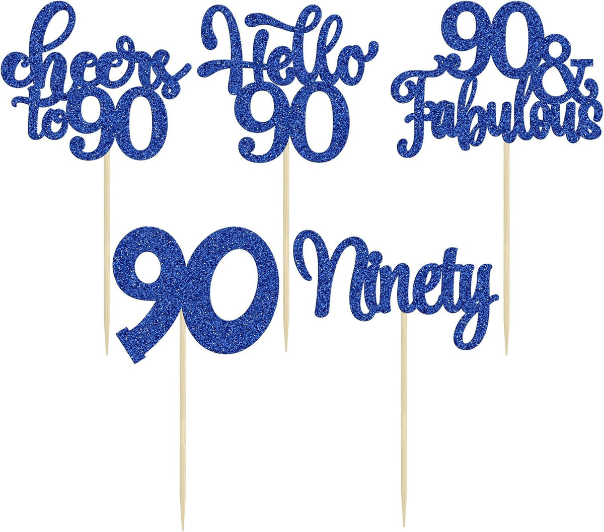 30pcs Happy 90th Birthday Cupcake Toppers - Deep Blue Glitter Ninety Cheers to 90 Years Old Cupcake
