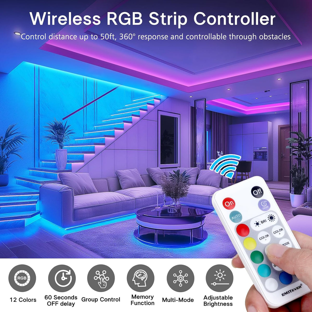 EMITEVER RGB LED Strip Light 16.4ft, Dimmable COB 24V Flexible LED Color Changing Tape Light Kit