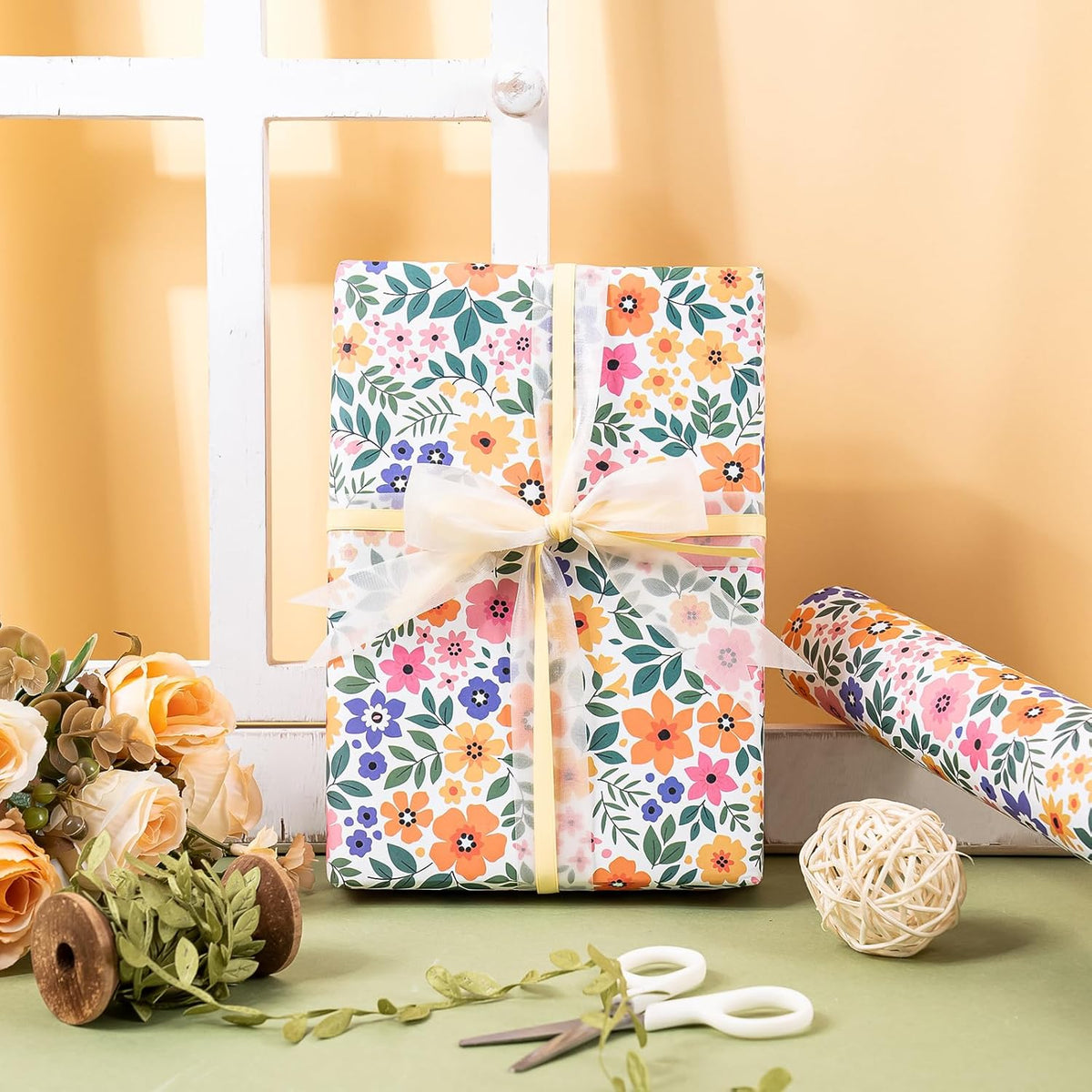 WRAPAHOLIC Kraft Floral Wrapping Paper Roll - Mini Roll - 17 Inch x 16.5 Feet - Ditsy Flower