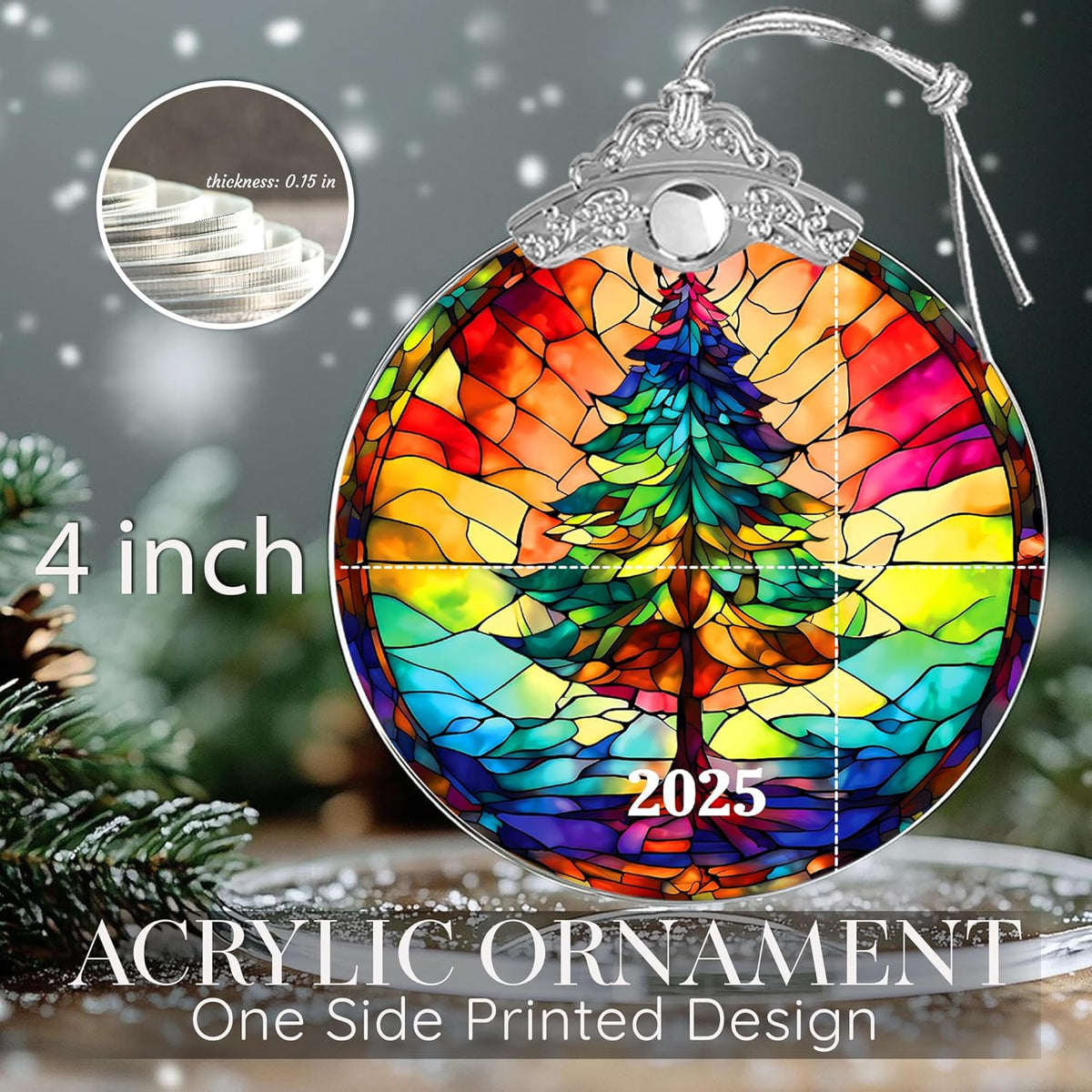 Christmas Tree Ornaments, Stained Glass Effect, 4 Inch Acrylic Ornament, White Elephant Gifts