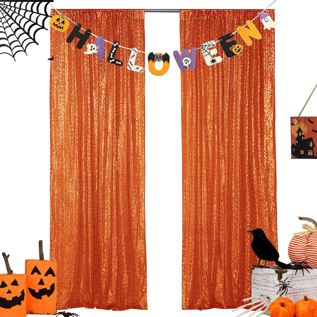 Hahuho Orange Sequin Backdrop Curtain, 2PCS 2FTx8FT Glitter Backdrop Curtain for Parties