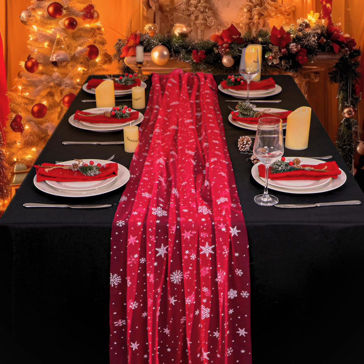 Snowkingdom Red Christmas Table Runner, Red and White Snowflakes Cheesecloth Table Runner, Chiffon