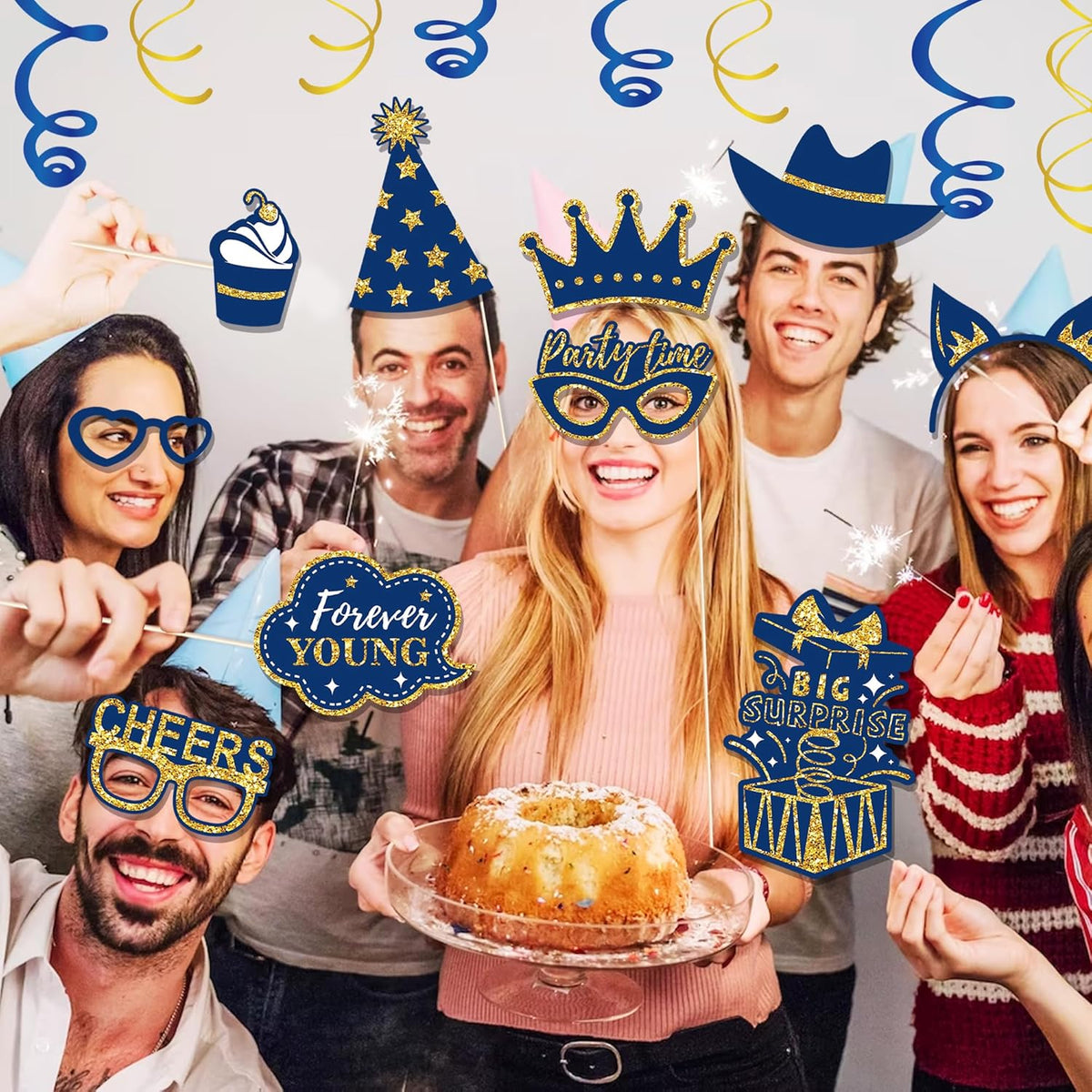 36 PCS Photo Booth Props Party Supplies Holiday Picture Decorations Blue Paper Photo Props for