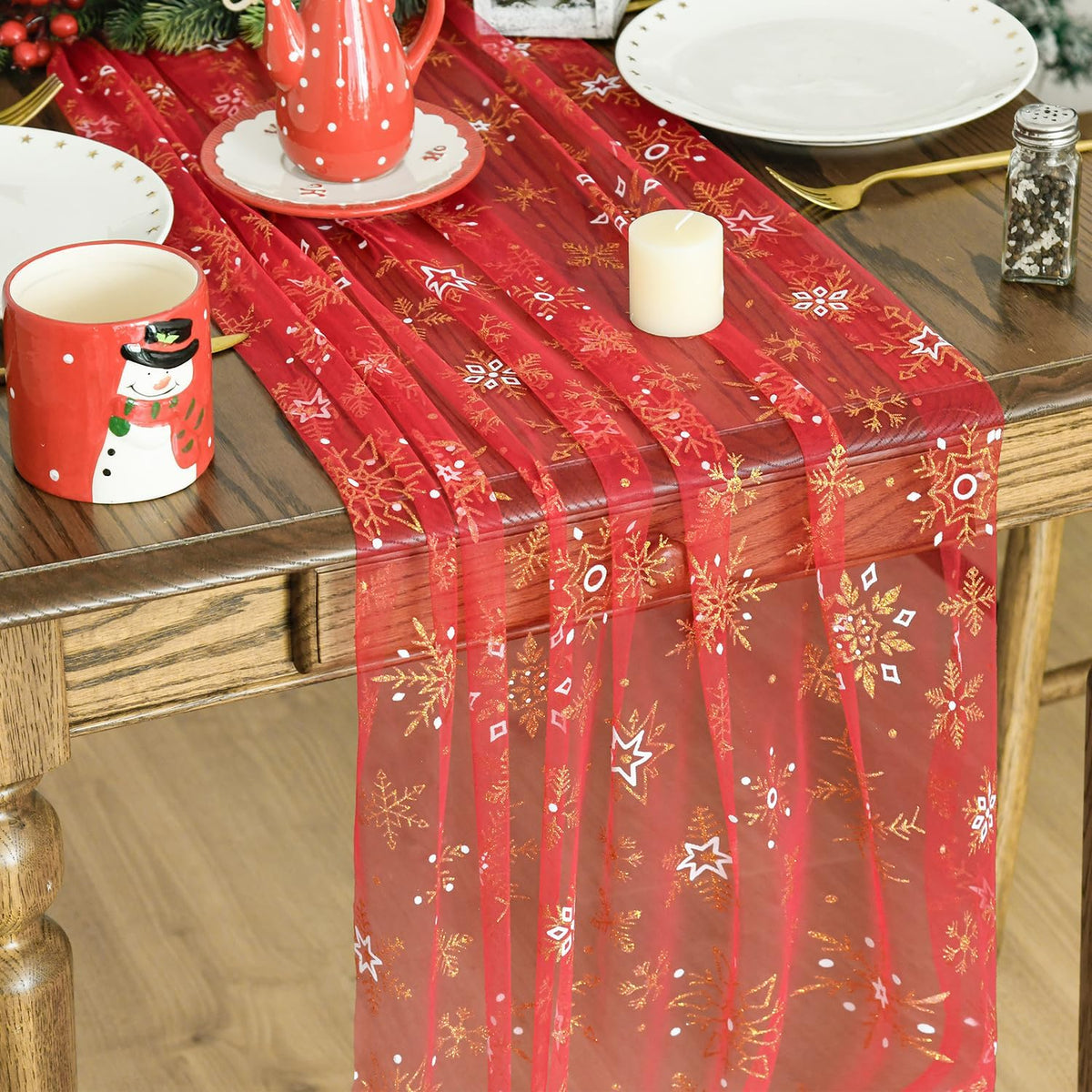 Artoid Mode Red Gold Snowflakes Christmas Gauze Table Runner 120 Inch 10FT, Winter Seasonal Sheer