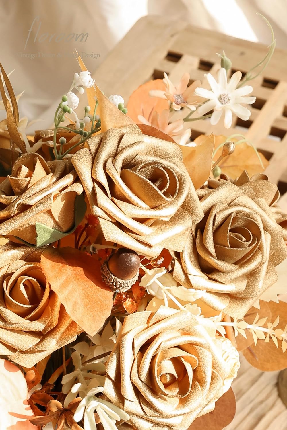 Floroom Artificial Flowers 25pcs Real Looking Antique Gold Foam Fake Roses with Stems for DIY