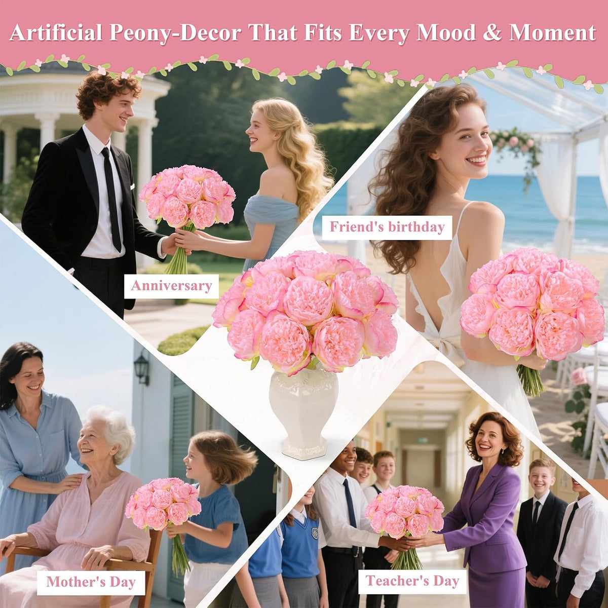 U'Artlines 2 Bouquet 10 Heads Artificial Peony Silk Flower Leaf Home Office Wedding Party Festival