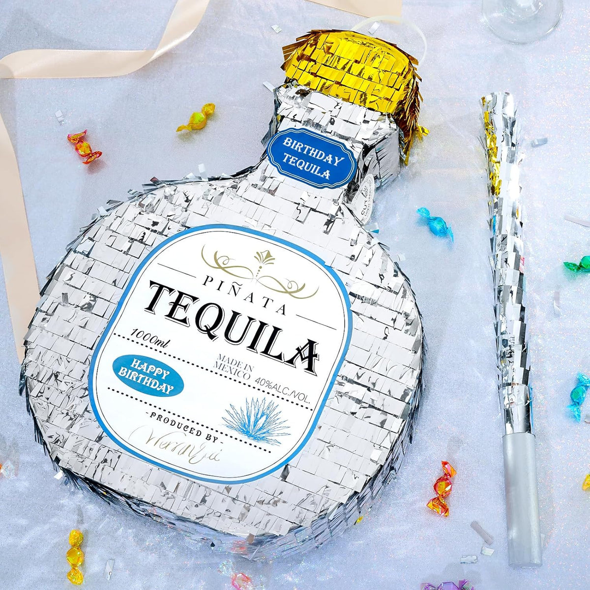 WERNNSAI Tequila Bottle Pinata - Disco Party Decorations for Adults Silver Patron Tequila Pinata