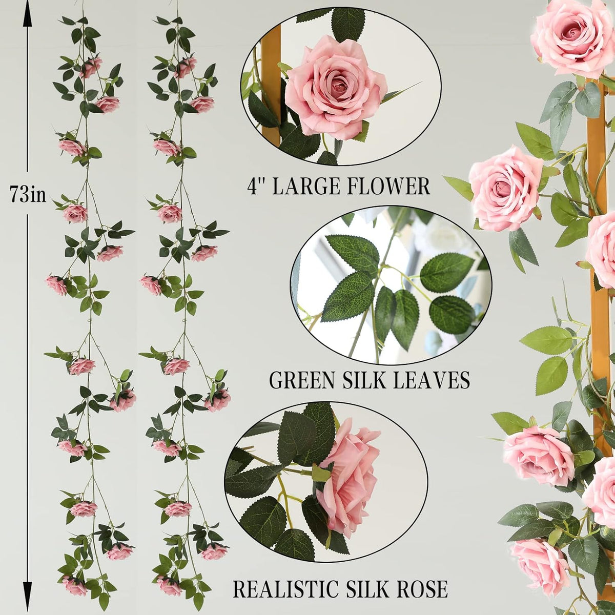 2 Strands 73'' Artificial Silk Rose Flower Vines Garland, Fake Pink Roses Floral Green Leaves