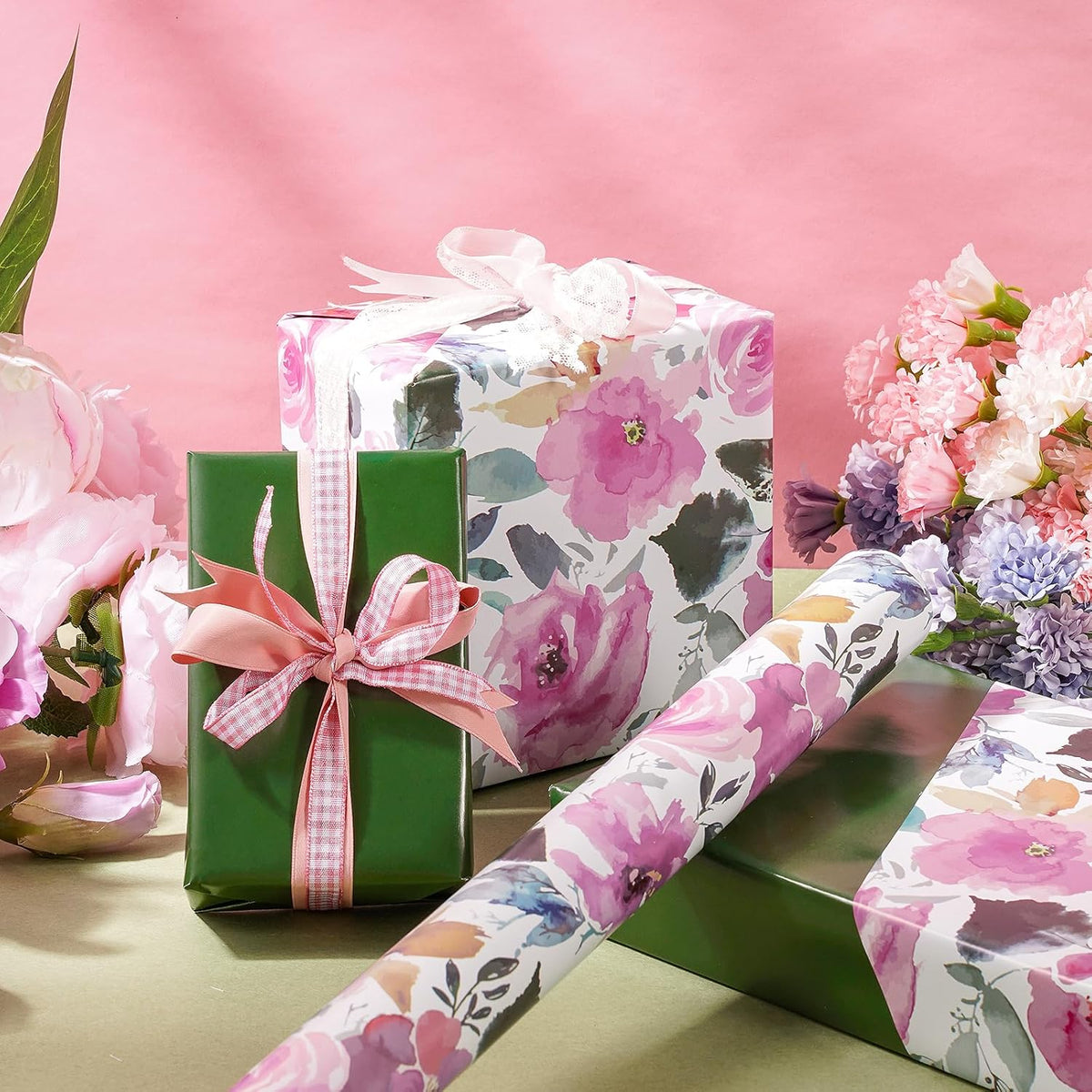RUSPEPA Reversible Floral Wrapping Paper for Women, Mini Roll, Vintage Pink Rose with Deep Green