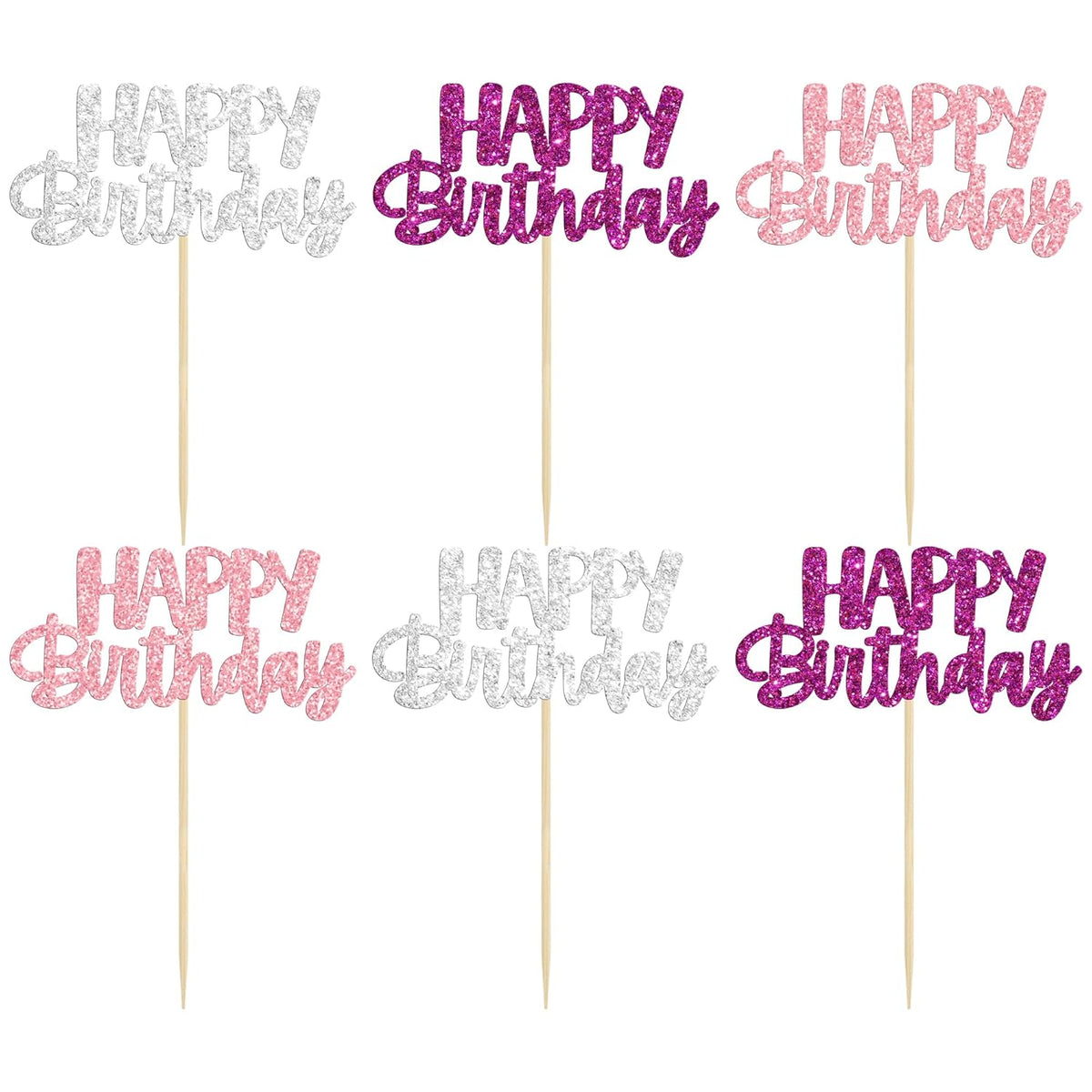 Gyufise 24Pcs Happy Birthday Cupcake Toppers Glitter Birthday Cupcake Food Picks for Celebrating