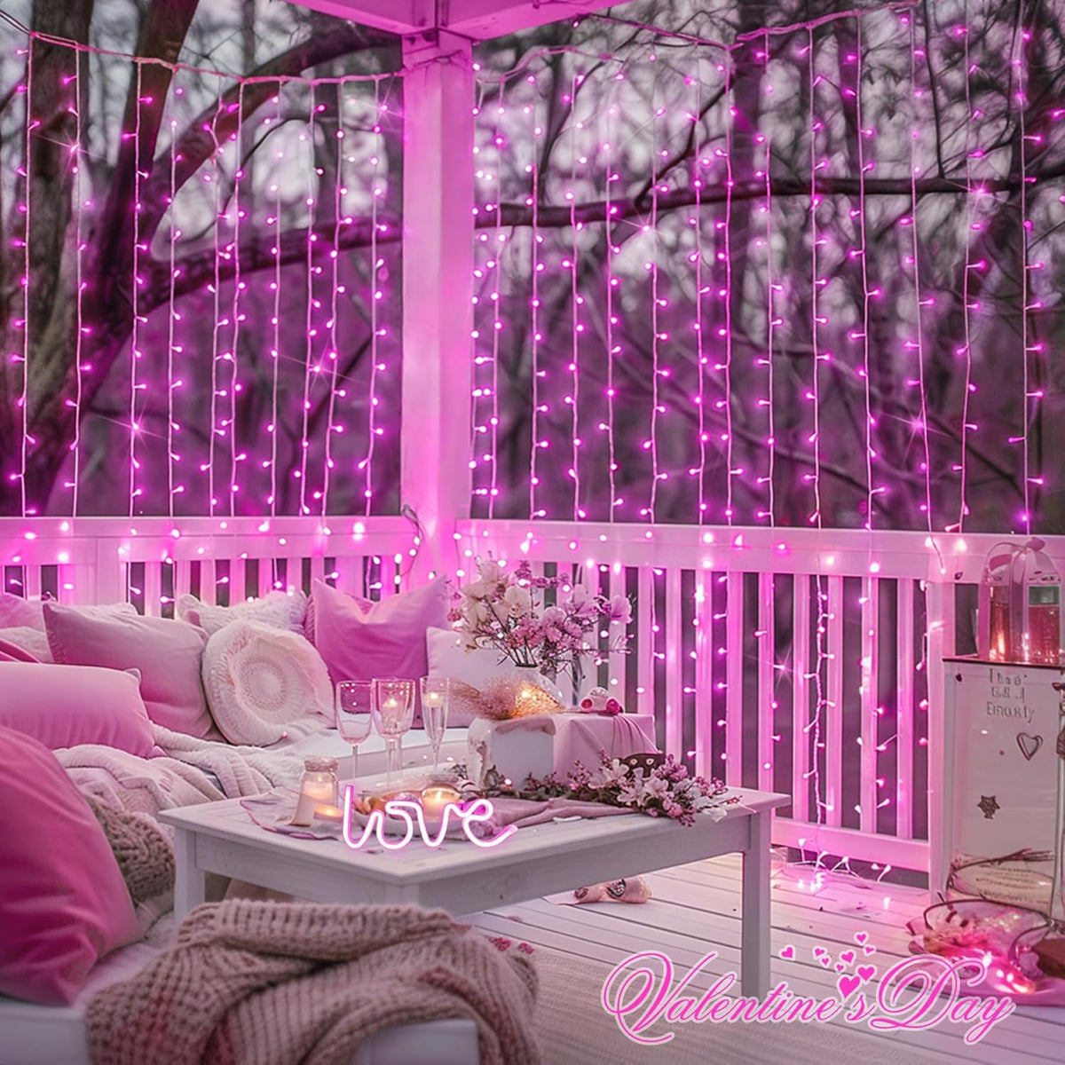 JMEXSUSS 300 LED Curtain Lights Plug in with Remote, 9.8X9.8FT Pink Christmas Lights Indoor, 8