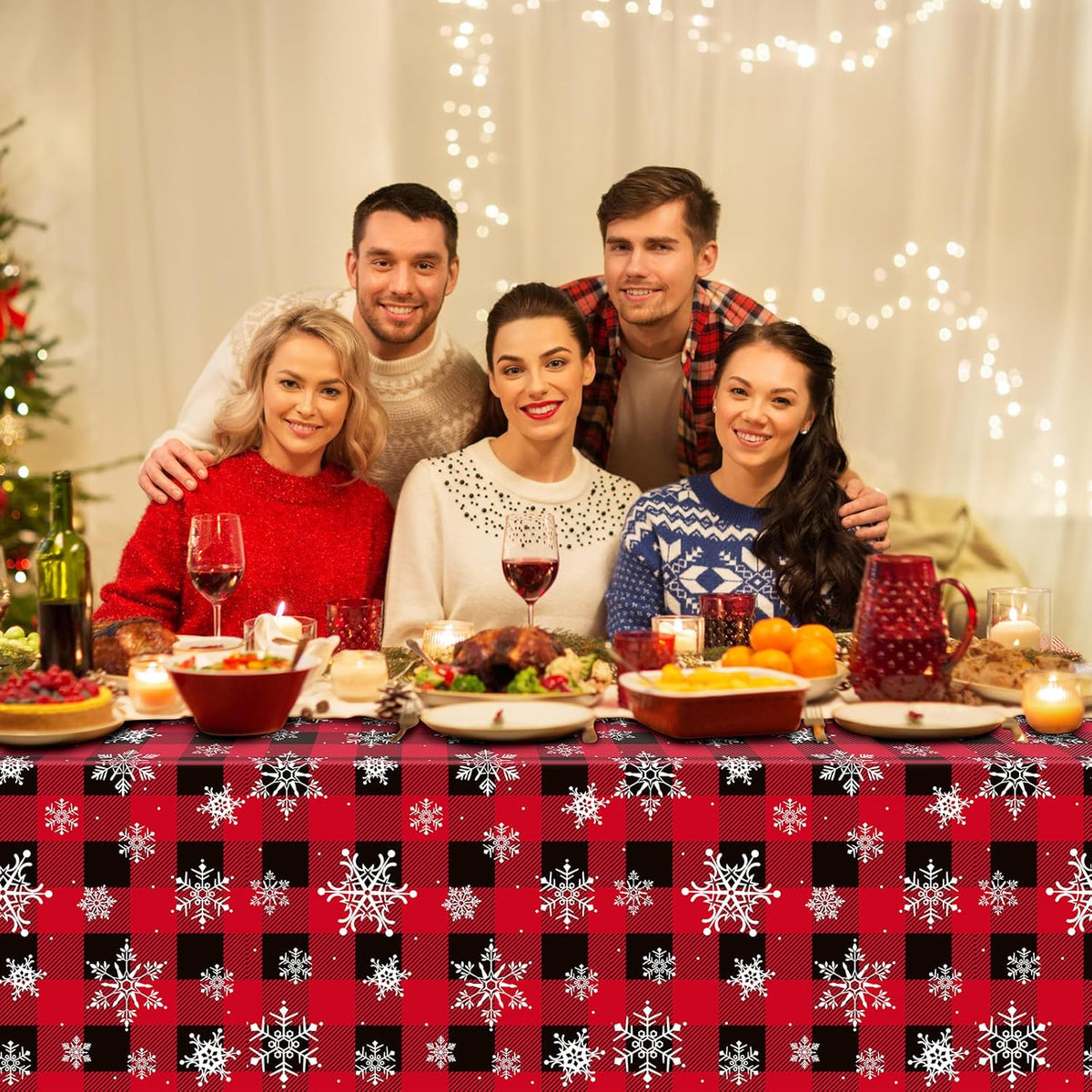 12 Pieces Red and Black Buffalo Plaid Merry Christmas Party Tablecloth Decorations,Plastic White
