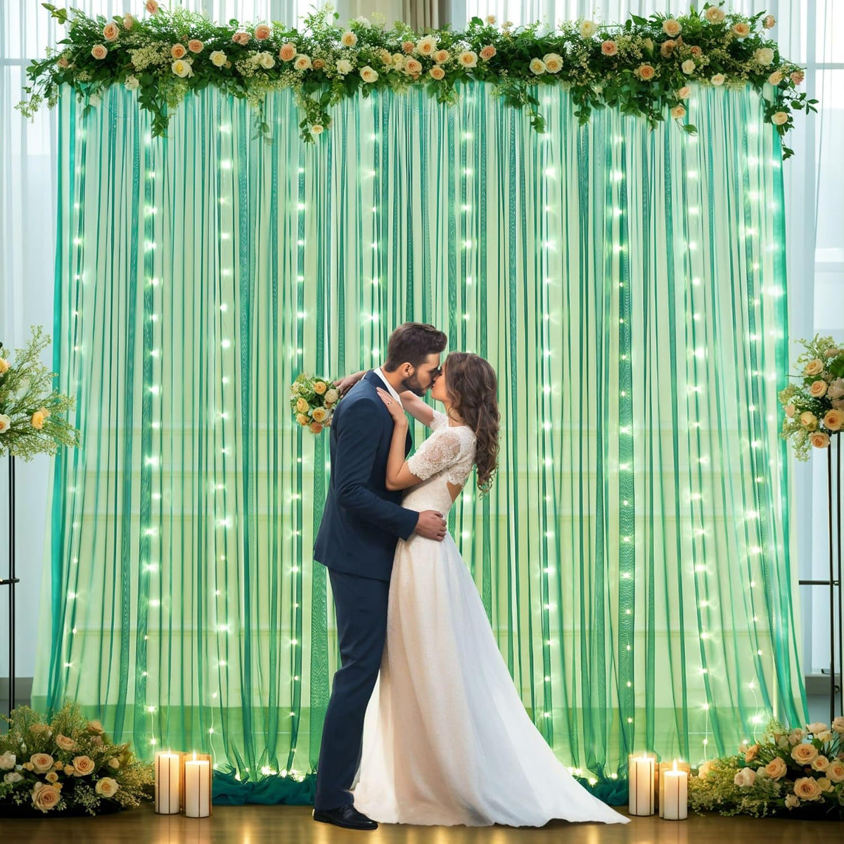 Hunter Green Tulle Backdrop Curtains with Lights String for Parites 10x8ft Sheer Backdrop Curtains