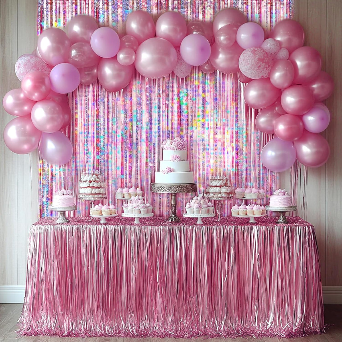 4 Packs Pink Foil Fringe Curtain, Pink Glitter Metallic Tinsel Backdrop for Birthday, Wedding, Baby