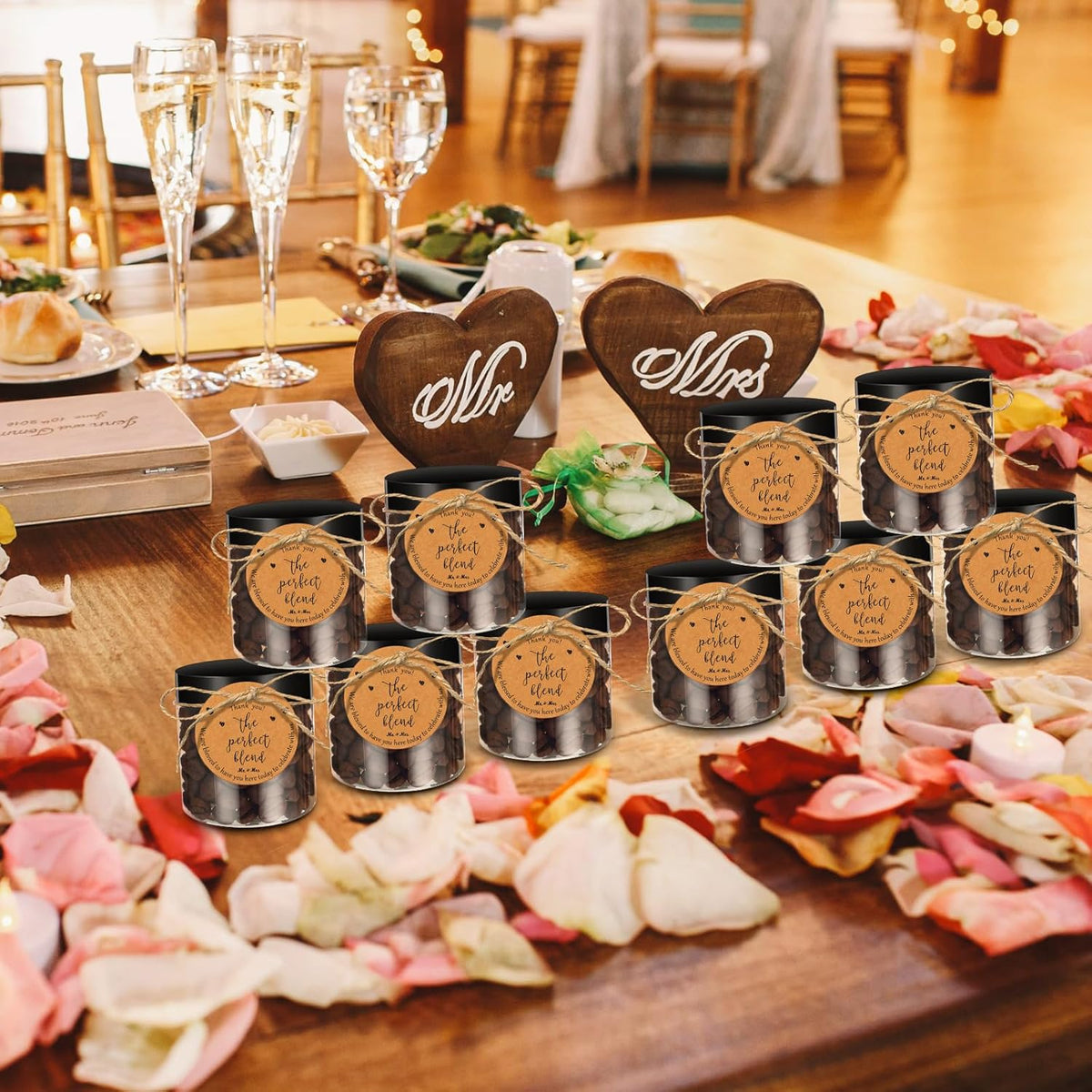 102 Pcs Coffee Bean Wedding Favors for Guests 50 Coffee Bean Jars with Lids 50 Thank You Tags
