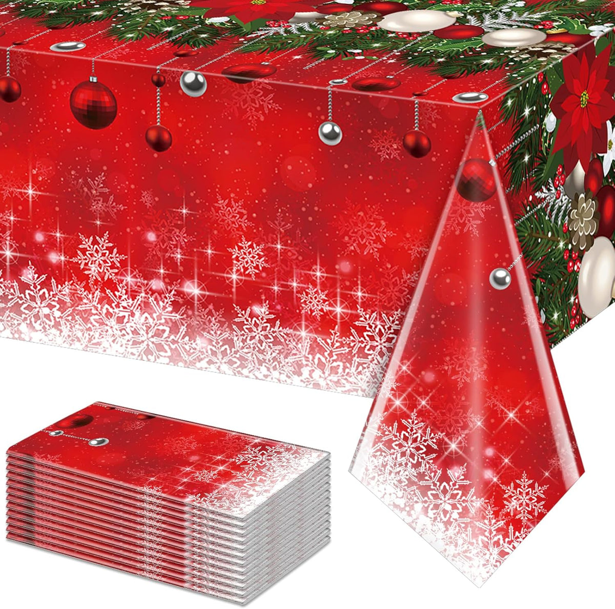 12Pieces Merry Christmas Tablecloth Plastic Christmas Tree Ball Table Cover Rectangle Winter