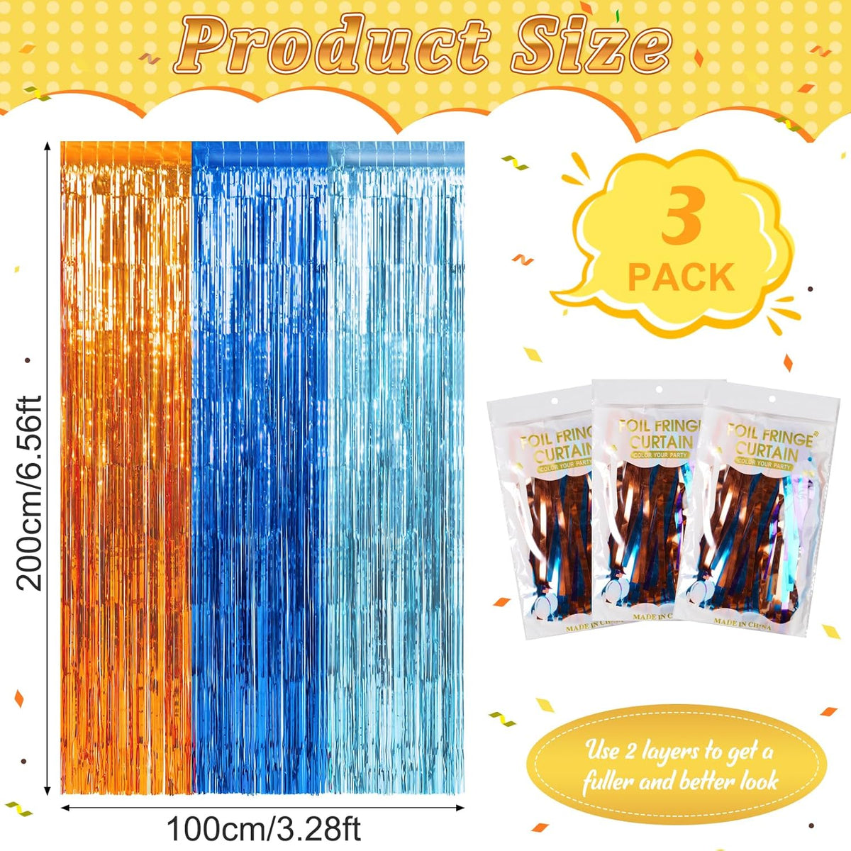3 Pack 3.3X6.6Ft Blue Dog Foil Fringe Curtains Backdrop Decorations, Orange and Light Blue Birthday