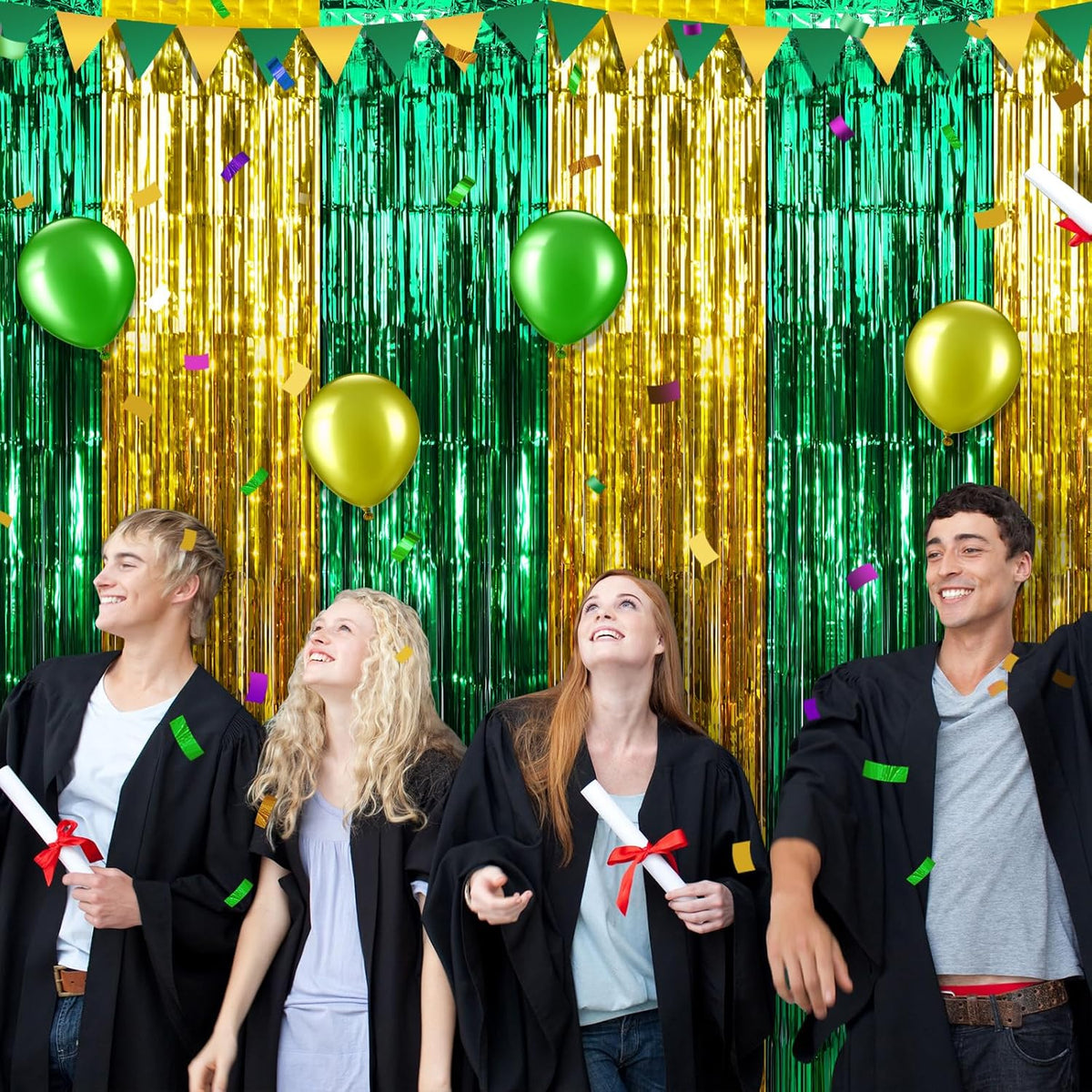 3Pack 3.3Ft x 6.6Ft Graduation Foil Fringe Curtain Backdrop Decorations, Green Gold Metallic Tinsel