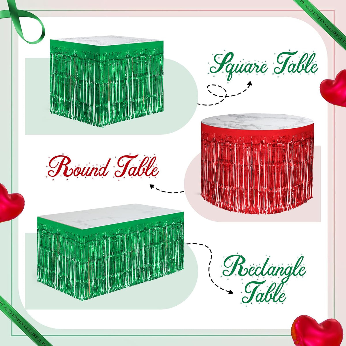 2 Pack Red Green Table Skirts, 29x108" Metallic Foil Tinsel Fringe Table Skirt for Rectangle Tables
