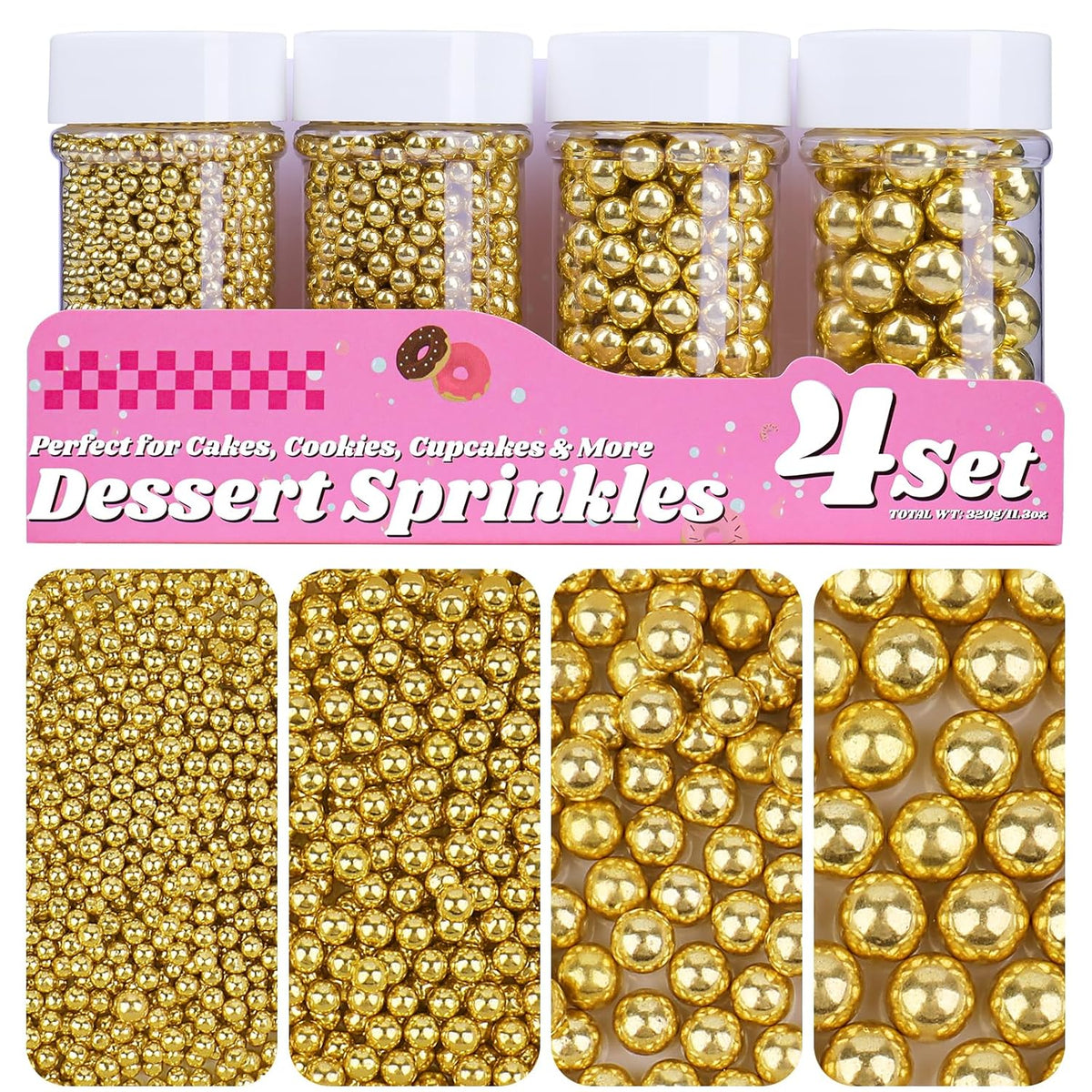 Gold Pearl Sprinkles for Cake Decorating, 11.3 Oz Edible Pearls Sugar 4 Sizes Gift Box Set for