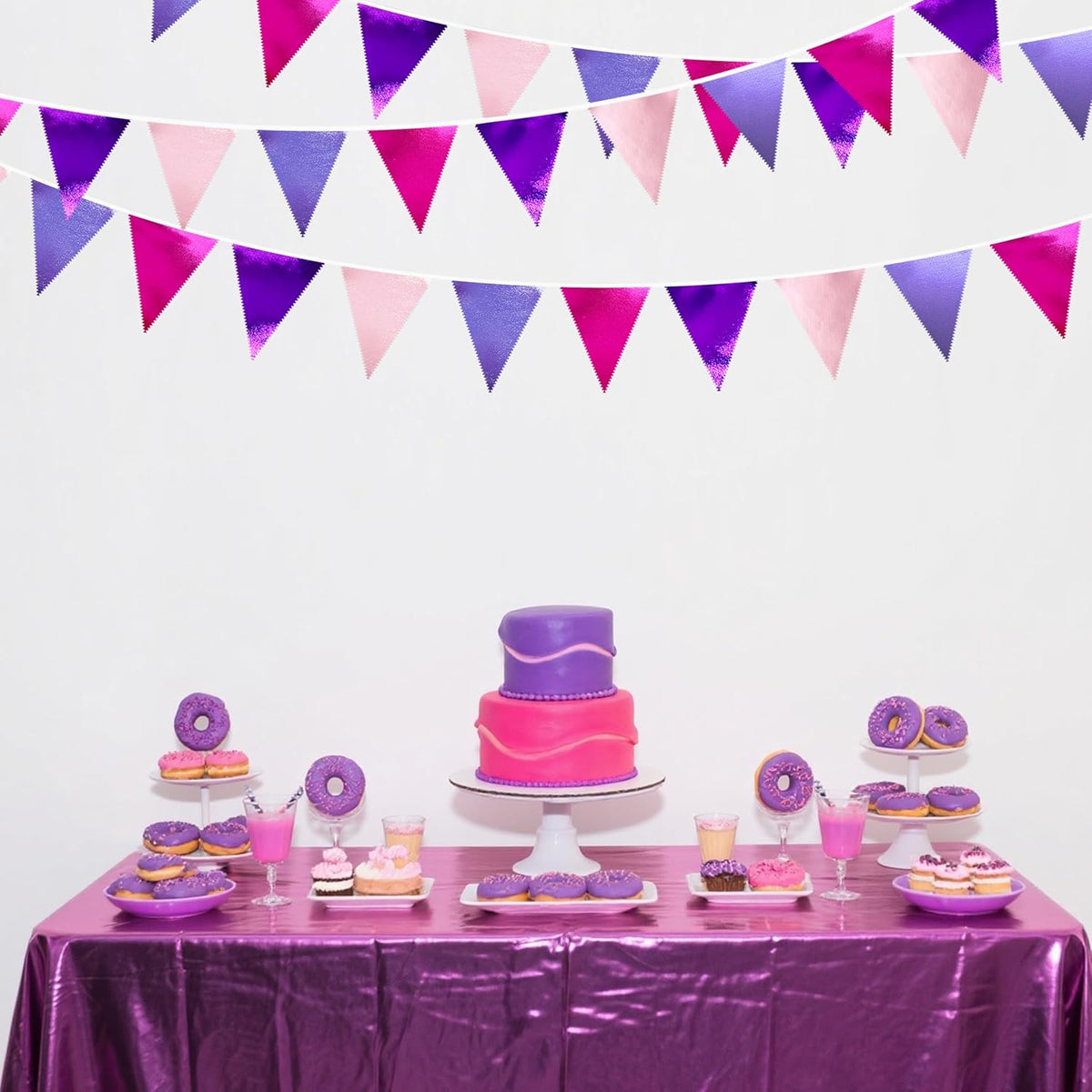 Pink and Purple Party Decorations Metallic Hot Pink Lavender Fabric Triangle Pennant Banner Flag