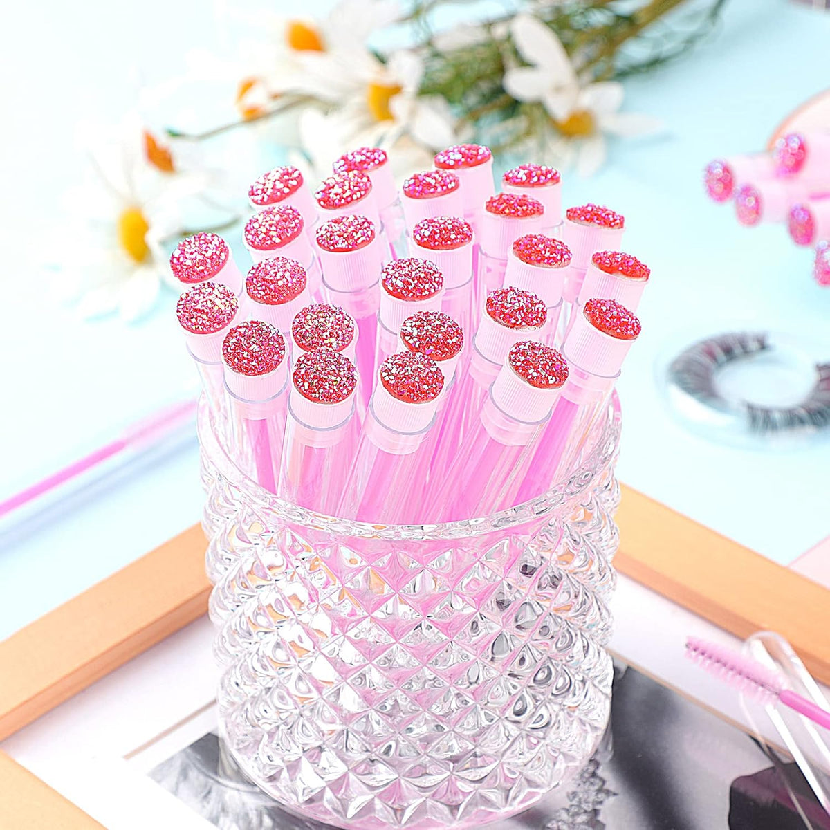 50-Piece Disposable Mascara Brushes - Eyelash Brushes, Diamond Mascara Wands with Tube, Makeup