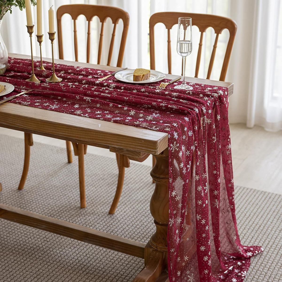Silvery Snowflake Metallic Print Tulle Christmas Table Runner, Seasonal Winter Kitchen Dining Table