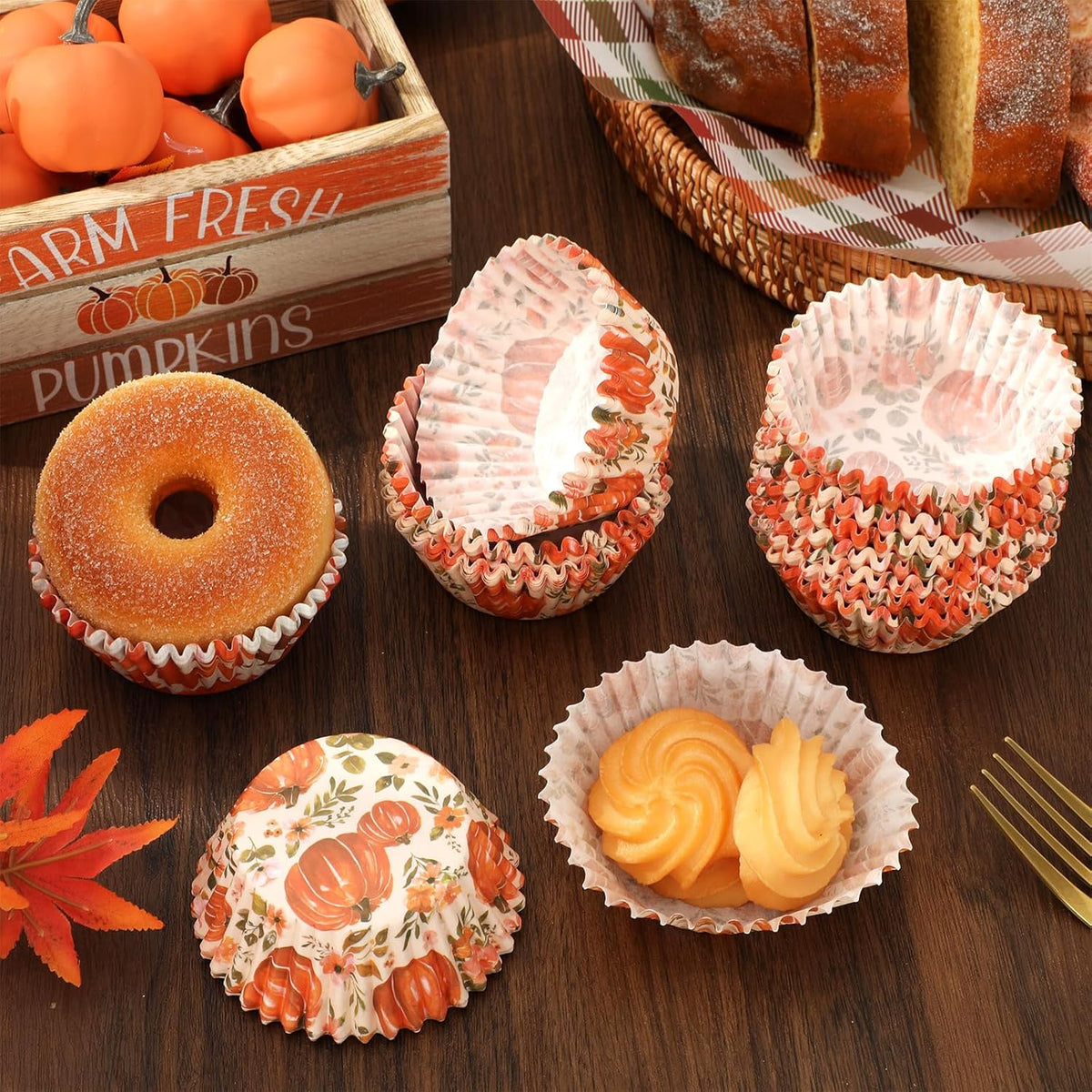 Whaline 300Pcs Fall Cupcake Liners Watercolor Pumpkin Flower Paper Baking Cups Autumn Floral Muffin