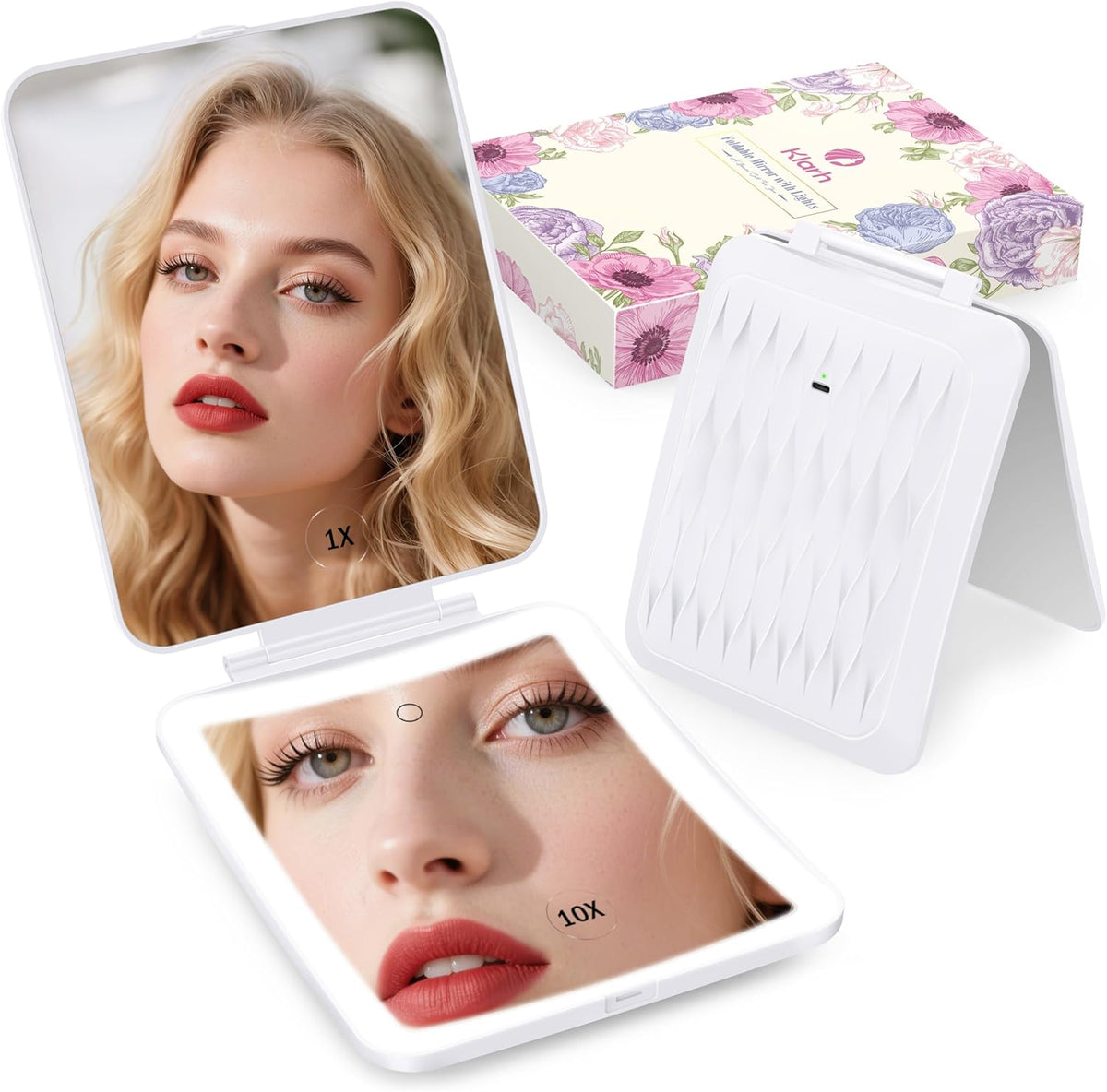 1X/10X Magnifying Makeup Mirror with 3 Colored Lights and Touch Control, 2700mAh Rechargeable LED