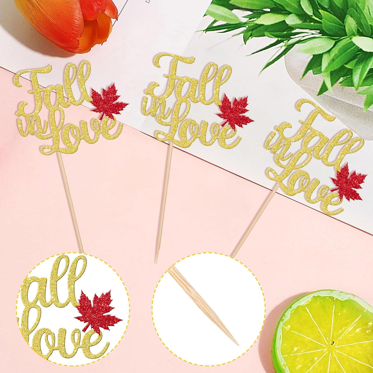 24 PCS Fall in Love Cupcake Toppers Glitter Maple Leaf Fall Theme Bridal Shower Cupcake Picks