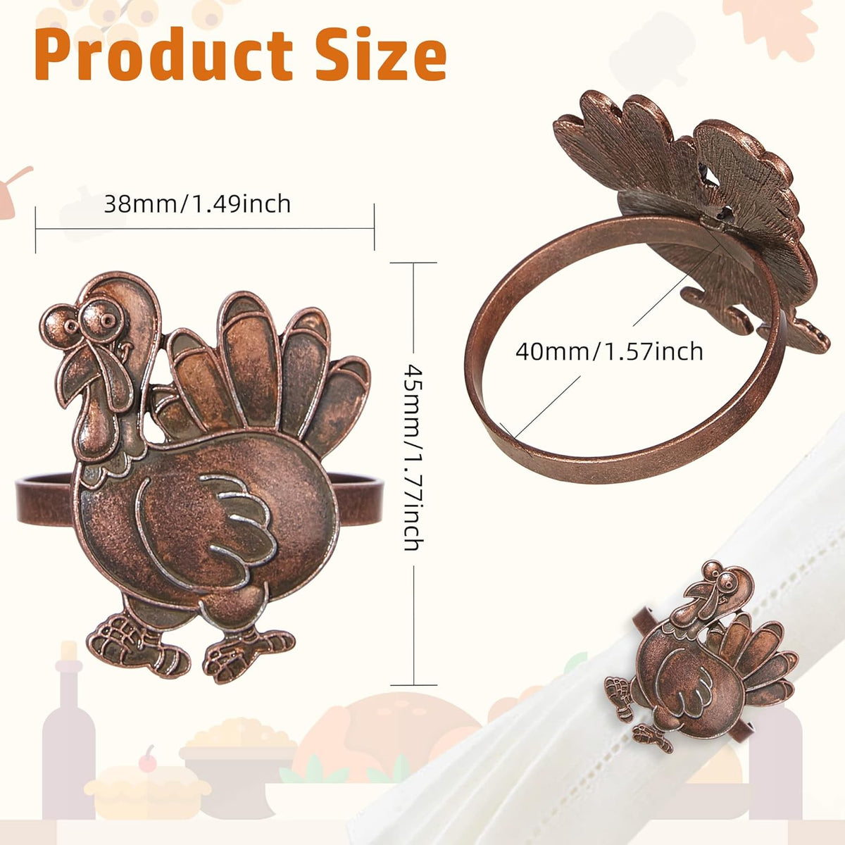 Halatool Thanksgiving Bronze Turkey Napkin Rings Set of 6, Funny Metal Festival Napkin Holders for