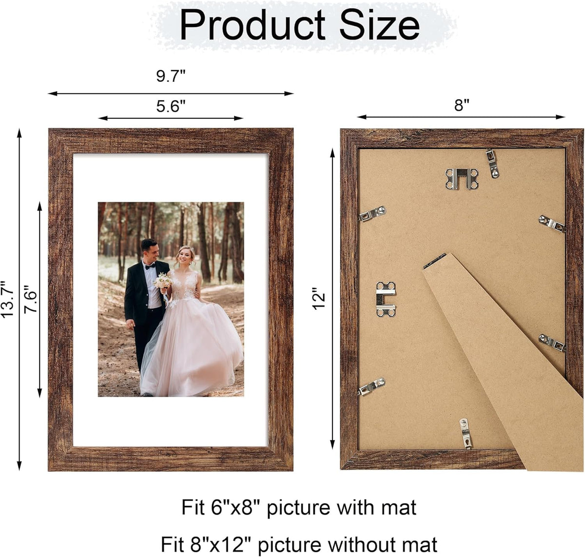 8x12 Picture Frame Set of 4 with High Definition Real Glass, Display 6x8 Pictures with Mat or 8 x