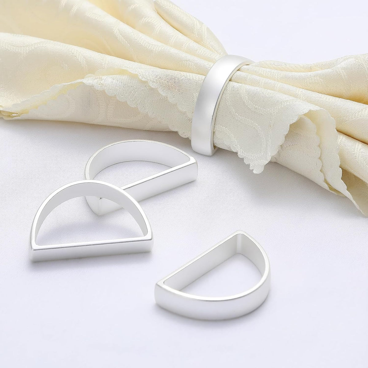 KPOSIYA Napkin Rings Set of 12, Metal Silver Napkin Rings Bulk for Table Settings, D-Shape Napkin